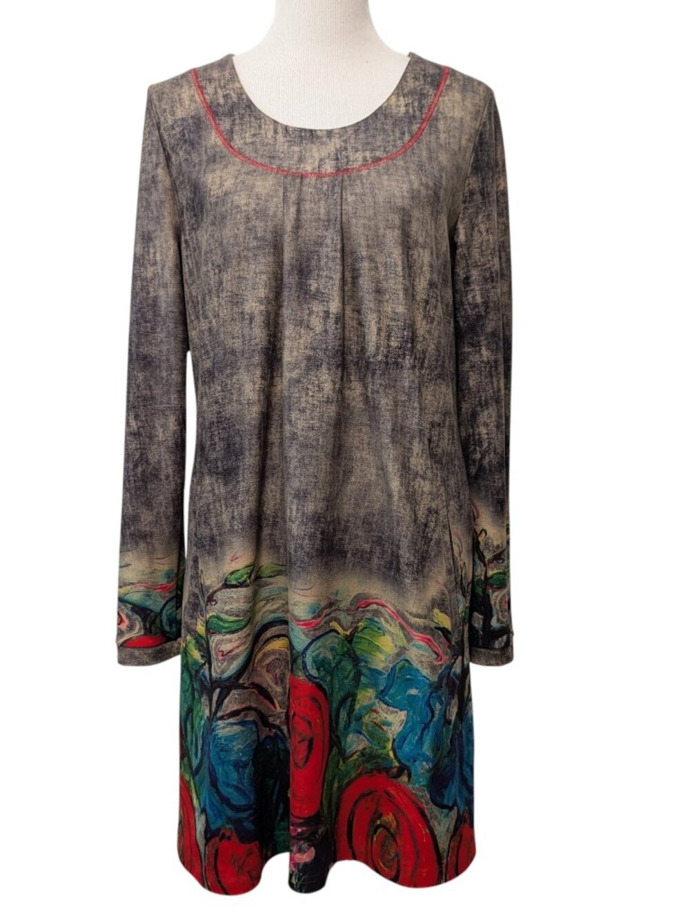 Shana Womens Sz M? Art To Wear Floral Long Sleeve Slit Pockets Tunic Shift Dress